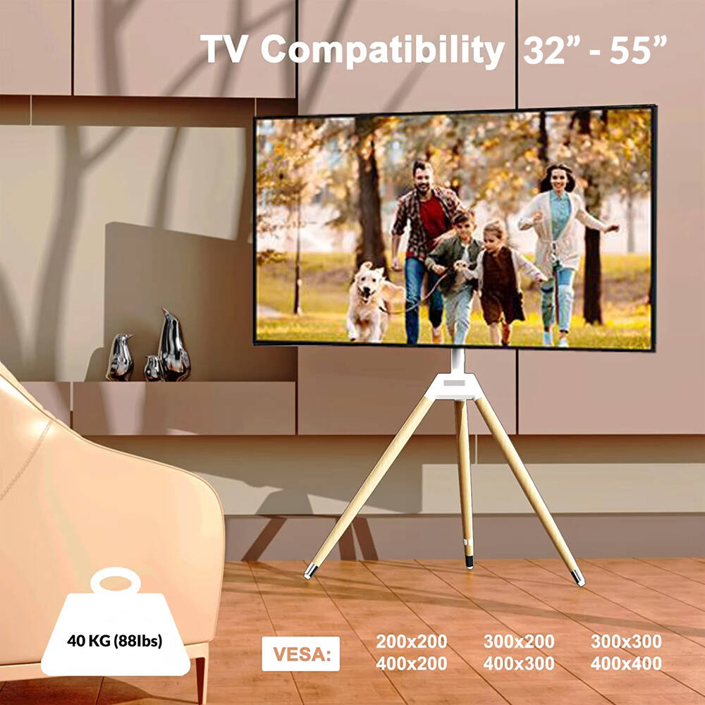 حامل تلفزيون أرضي ثلاثي القوائم من بيتك، طراز TF-FS105W، يدعم أجهزة التلفزيون ذات الشاشات المسطحة من 32 إلى 55 بوصة، يتحمل وزنًا يصل إلى 40 كجم/88 رطلاً، متوافق مع معيار VESA من 200×200 مم إلى 400