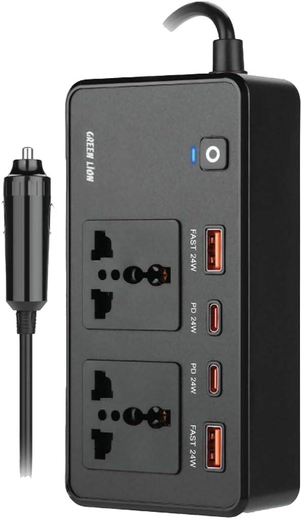 محول طاقة للسيارة Green Lion GC-200، مقبسان عالميان، منفذا USB-A، منفذا USB-C، شحن QC 3.0، طاقة 200 واط، شحن PD 24 واط، مادة متينة مقاومة للهب، صغير الحجم ومناسب - أسود