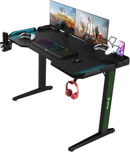 مكتب ألعاب Green Lion RGB، مزود بجهاز تحكم عن بعد بإضاءة RGB، ومكان مخصص للهاتف المحمول، وتصميم مقاوم للصدمات، وزوايا دائرية، ومقاوم للتآكل، وحامل أكواب، وسهل التنظيف - أسود