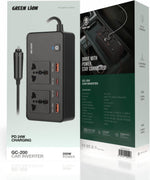محول طاقة للسيارة Green Lion GC-200، مقبسان عالميان، منفذا USB-A، منفذا USB-C، شحن QC 3.0، طاقة 200 واط، شحن PD 24 واط، مادة متينة مقاومة للهب، صغير الحجم ومناسب - أسود