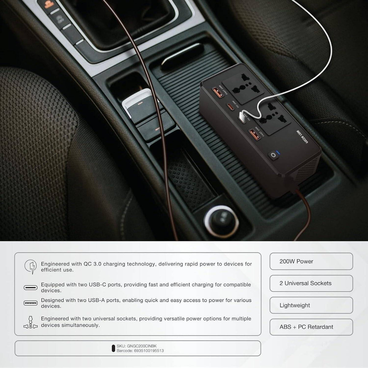 محول طاقة للسيارة Green Lion GC-200، مقبسان عالميان، منفذا USB-A، منفذا USB-C، شحن QC 3.0، طاقة 200 واط، شحن PD 24 واط، مادة متينة مقاومة للهب، صغير الحجم ومناسب - أسود