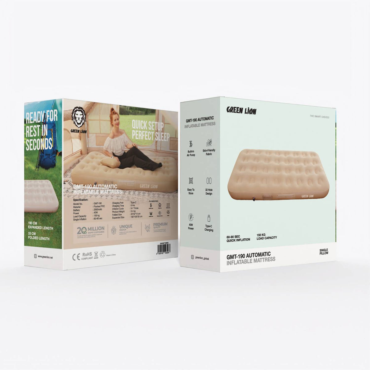 سرير هوائي (لشخص واحد) قابل للنفخ من جرين لايون مع منفاخ مدمج