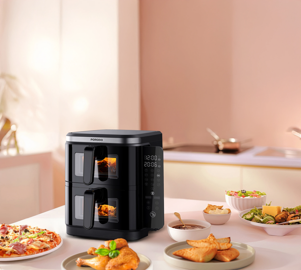 قلاية هوائية كبيرة بسلتين 11 لتر بورودو Porodo Lifestyle 2-Stack Air Fryer With Transparent Windows