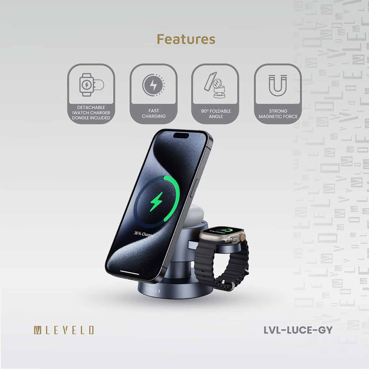ستاند و شاحن من Levelo / يشحن الجوال + الساعة + الايربودز / يدعم MagSafe / مع اضاءة ليلية مدمجة