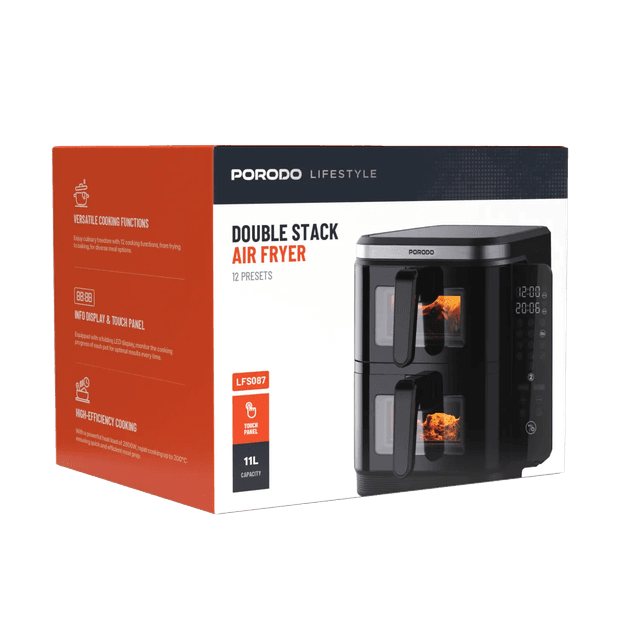 قلاية هوائية كبيرة بسلتين 11 لتر بورودو Porodo Lifestyle 2-Stack Air Fryer With Transparent Windows
