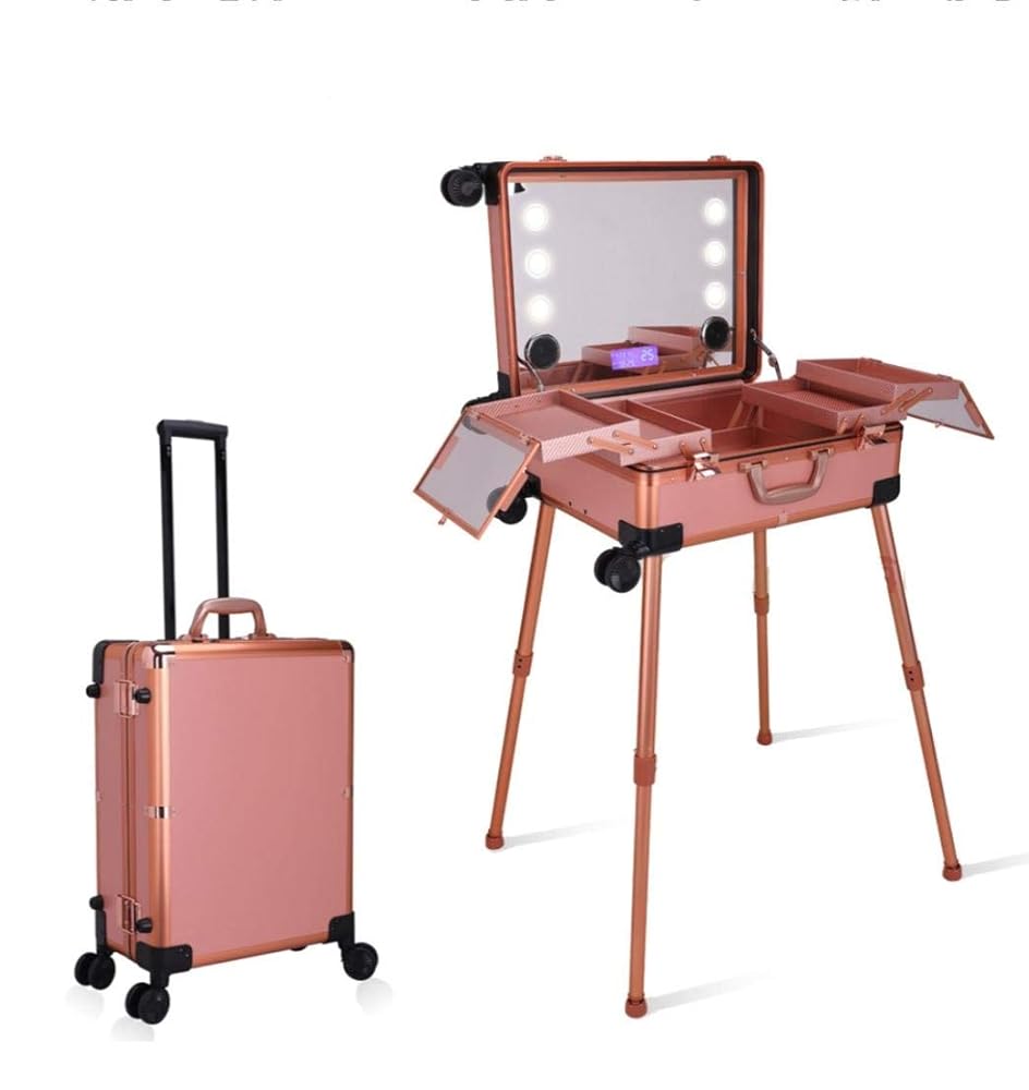 حقيبة مكياج بعجلات مع مرآة وإضاءة -تصميم فاخر وقابل للطي