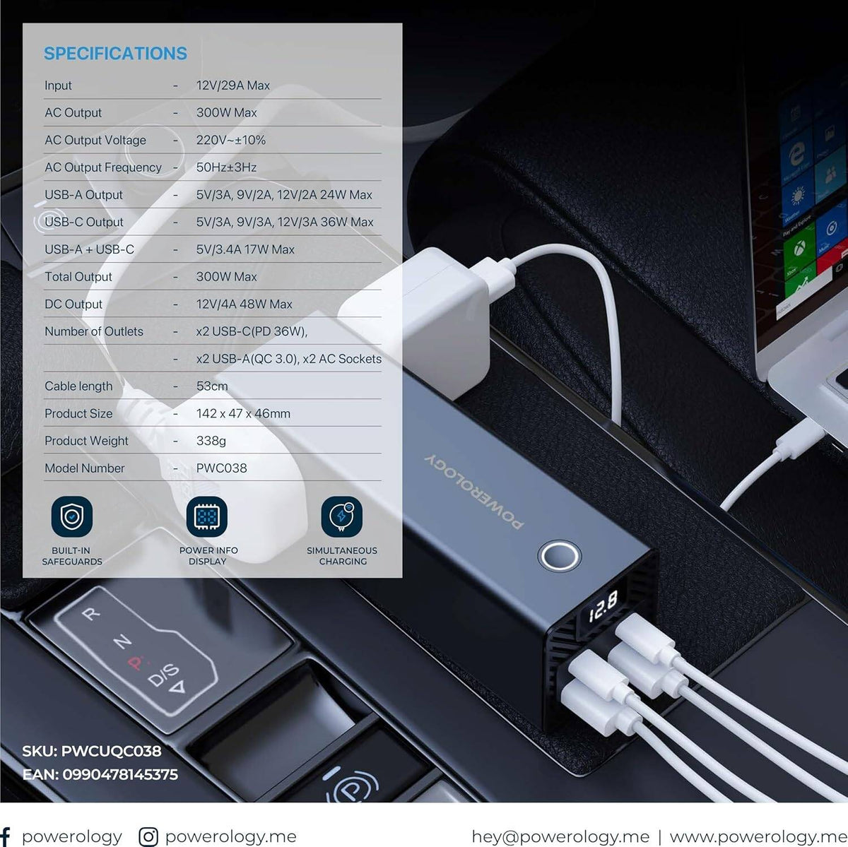محول طاقة للسيارة من باورولوجي، 300 واط، 36 واط PD، 2 منفذ USB-C/ 2 منفذ USB-A/ 2 منفذ تيار متردد، طول الكابل 53 سم، شاشة عرض معلومات الطاقة، حماية مدمجة، شحن متزامن، شاحن للكمبيوتر المحمول - أسود