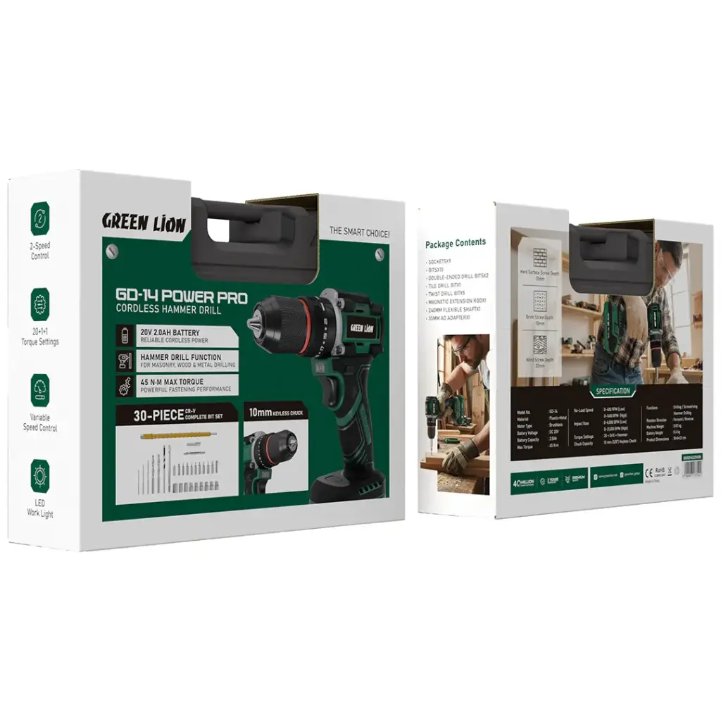 دريل كهربائية لاسلكية Green Lion GD-14 Power Pro - أخضر