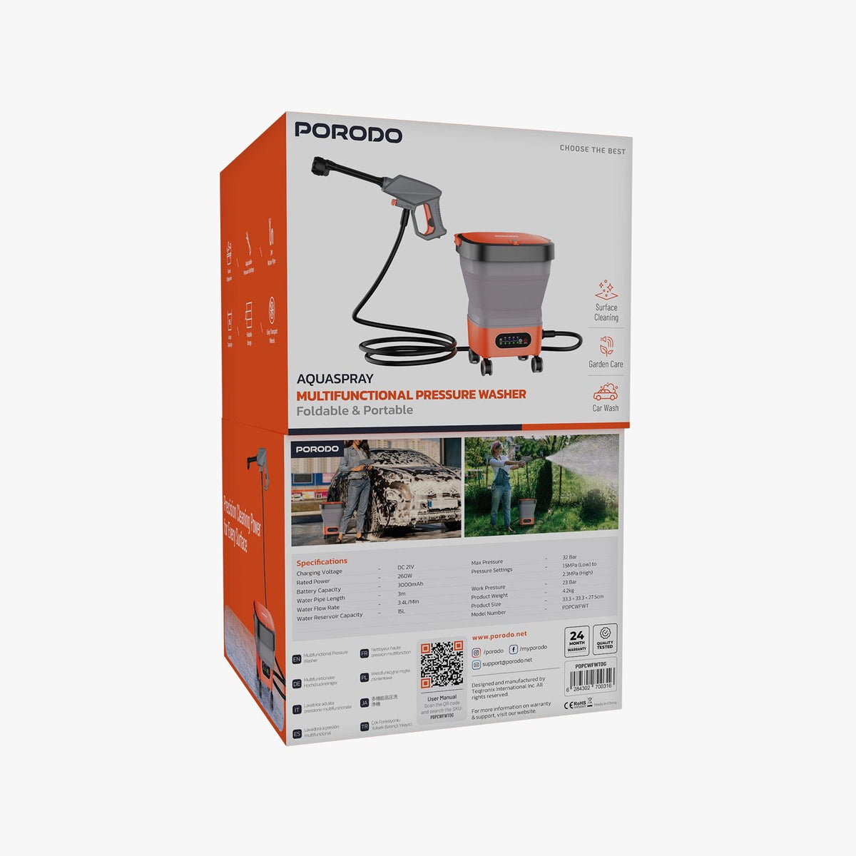 مغسلة سيارات متنقلة بورودو خزان ماء قابل للطي 15 لتر 260 واط لون برتقالي Porodo Portable Car Washer