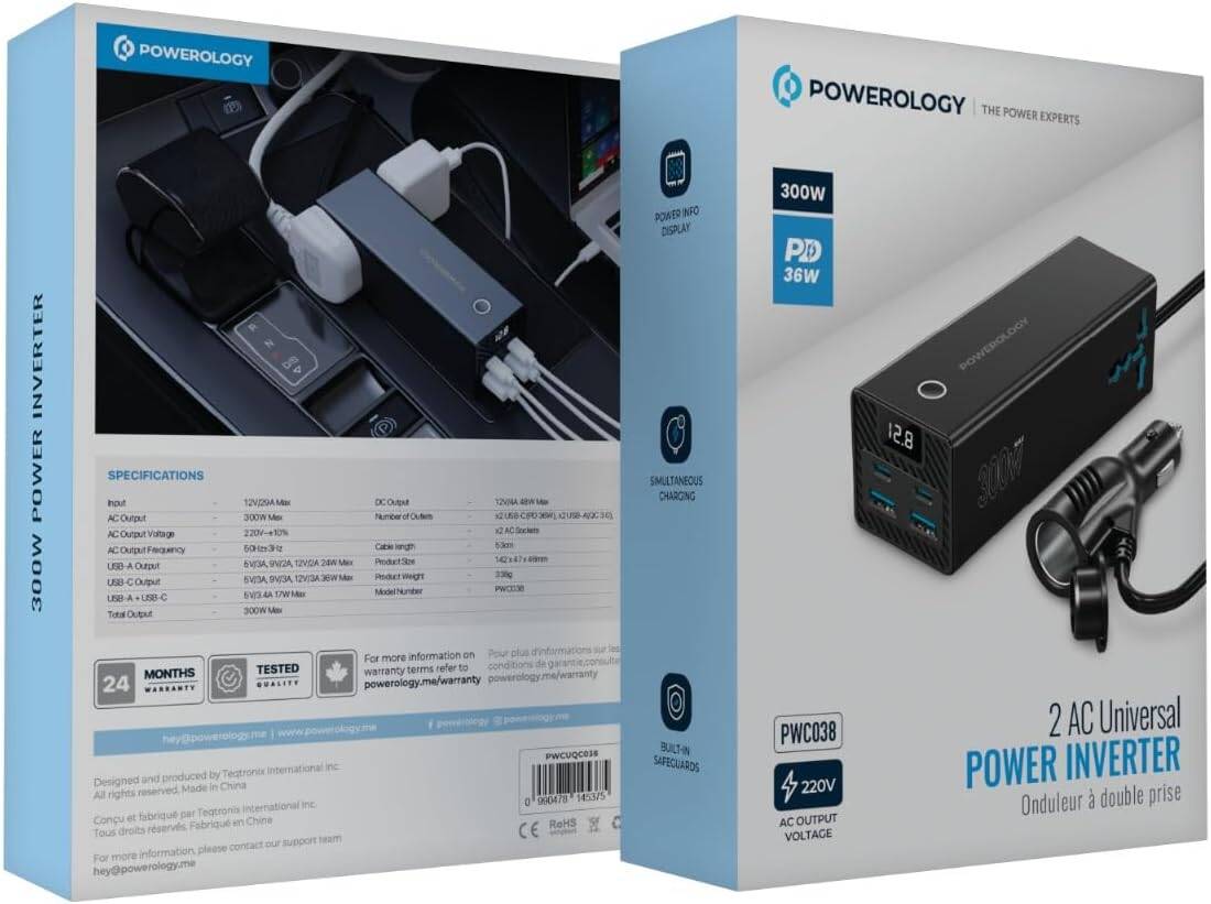 محول طاقة للسيارة من باورولوجي، 300 واط، 36 واط PD، 2 منفذ USB-C/ 2 منفذ USB-A/ 2 منفذ تيار متردد، طول الكابل 53 سم، شاشة عرض معلومات الطاقة، حماية مدمجة، شحن متزامن، شاحن للكمبيوتر المحمول - أسود