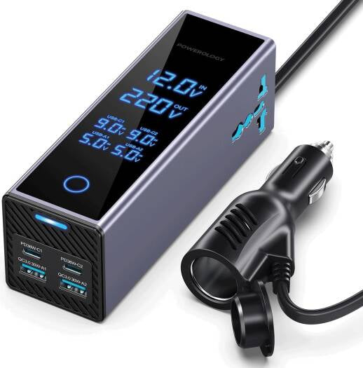 محول طاقة للسيارة من باورولوجي بقدرة 300 واط، منفذان للتيار المتردد، منفذان USB-C بتقنية الشحن السريع بقدرة 36 واط، منفذان USB-A بتقنية الشحن السريع بقدرة 30 واط، شاشة عرض لمراقبة الجهد، مخرج تيار متر
