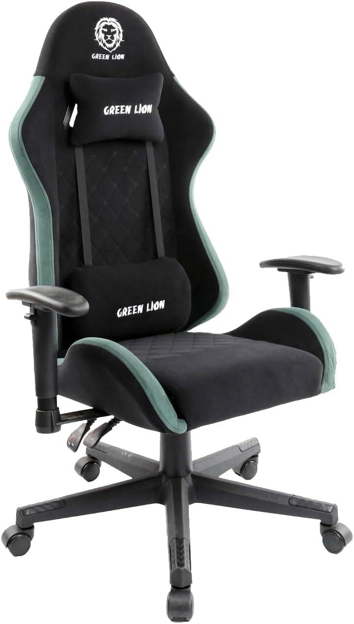 كرسي ألعاب Green Lion ERGO X GCX44، ارتفاع قابل للتعديل من 121 إلى 131 سم، زاوية إمالة 155 درجة، مساند ذراع قابلة للتعديل ثنائية الأبعاد، دعم قطني مدمج، وسادة رقبة قابلة للإزالة، عجلات دوارة 360 درجة