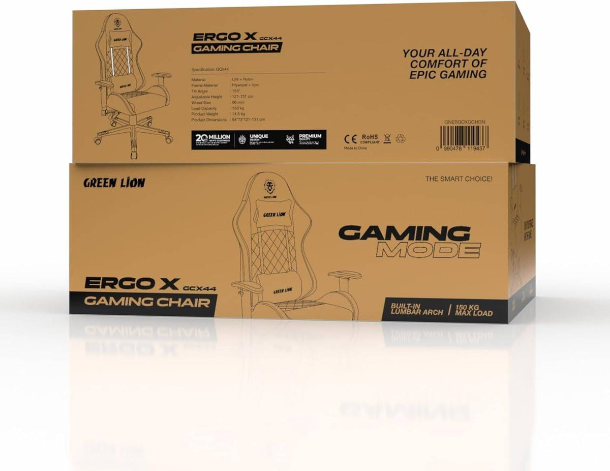 كرسي ألعاب Green Lion ERGO X GCX44، ارتفاع قابل للتعديل من 121 إلى 131 سم، زاوية إمالة 155 درجة، مساند ذراع قابلة للتعديل ثنائية الأبعاد، دعم قطني مدمج، وسادة رقبة قابلة للإزالة، عجلات دوارة 360 درجة