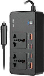 محول طاقة للسيارة Green Lion GC-200، مقبسان عالميان، منفذا USB-A، منفذا USB-C، شحن QC 3.0، طاقة 200 واط، شحن PD 24 واط، مادة متينة مقاومة للهب، صغير الحجم ومناسب - أسود