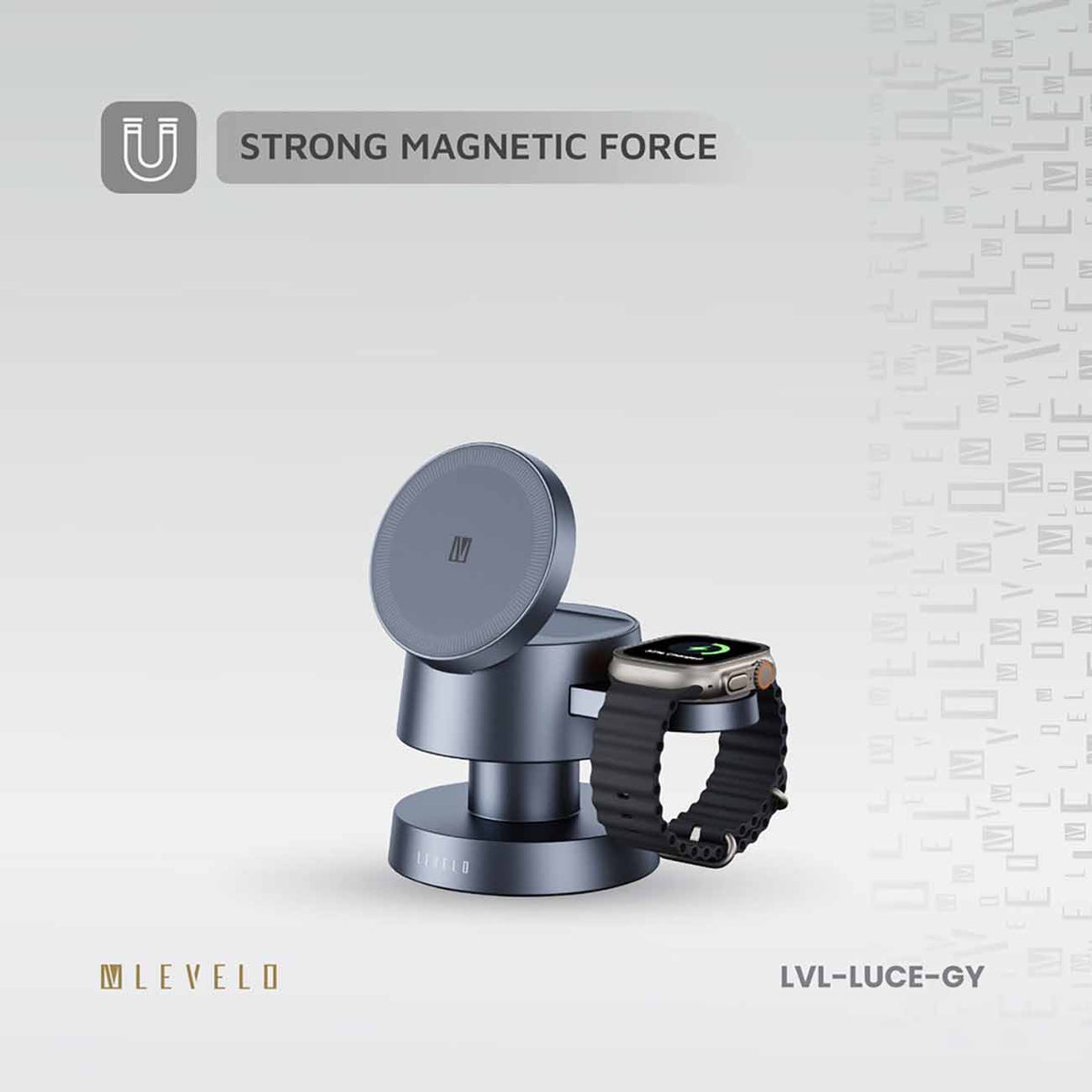 ستاند و شاحن من Levelo / يشحن الجوال + الساعة + الايربودز / يدعم MagSafe / مع اضاءة ليلية مدمجة