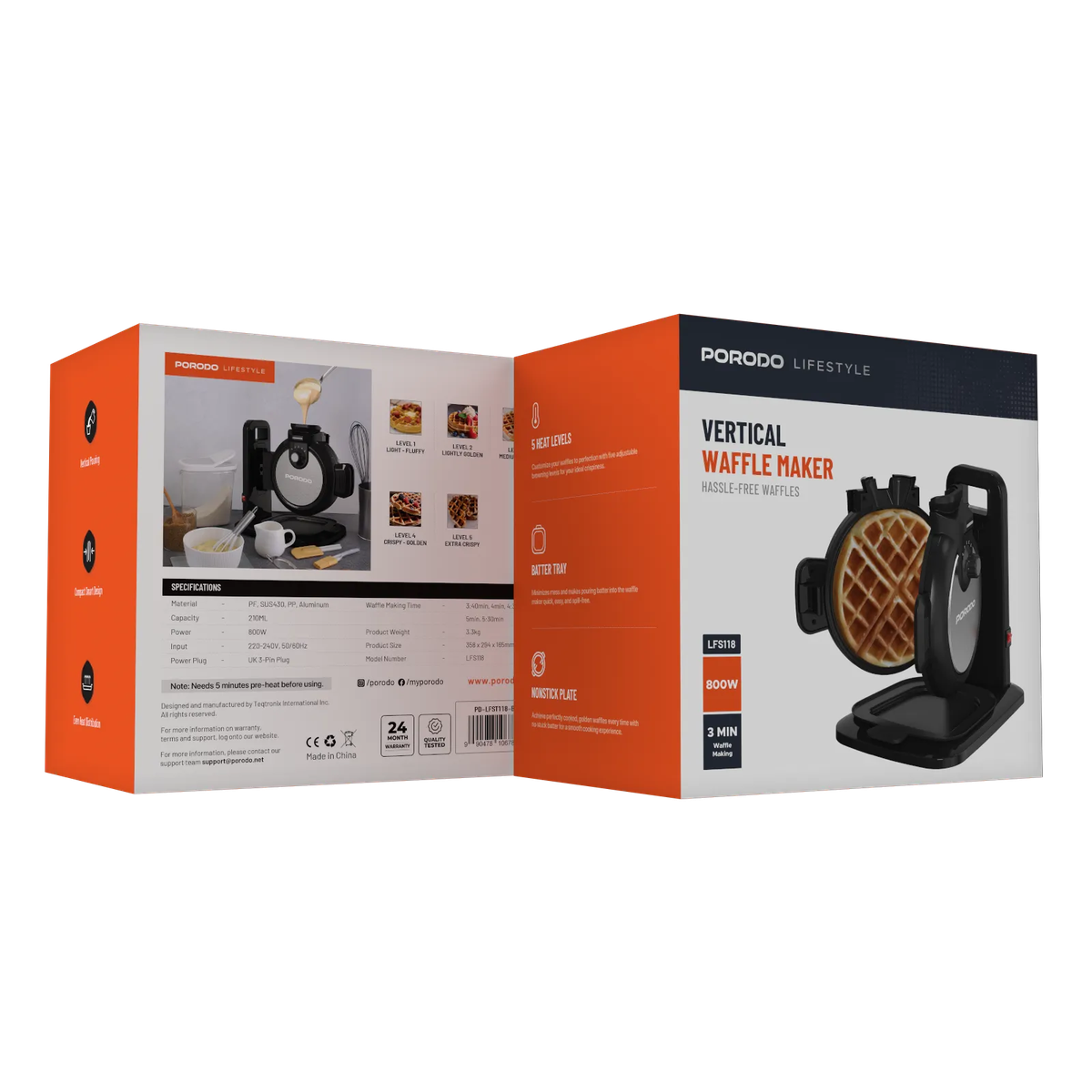 جهاز وافل كهربائي بخمس مستويات حرارة 800 واط بورودو Porodo Lifestyle Vertical Waffle Maker With 5 Temperature Modes
