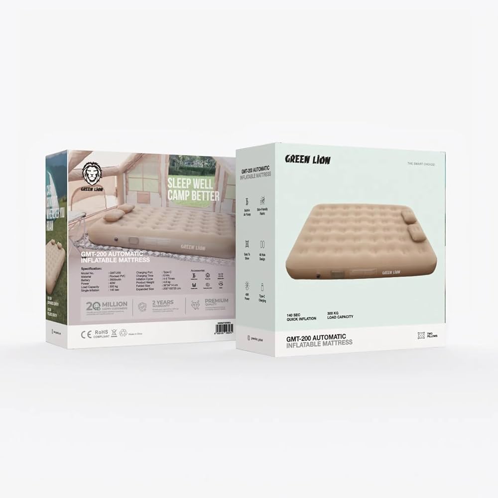 سرير هوائي (لشخصين) قابل للنفخ من جرين لايون مع منفاخ مدمج + وسادتين