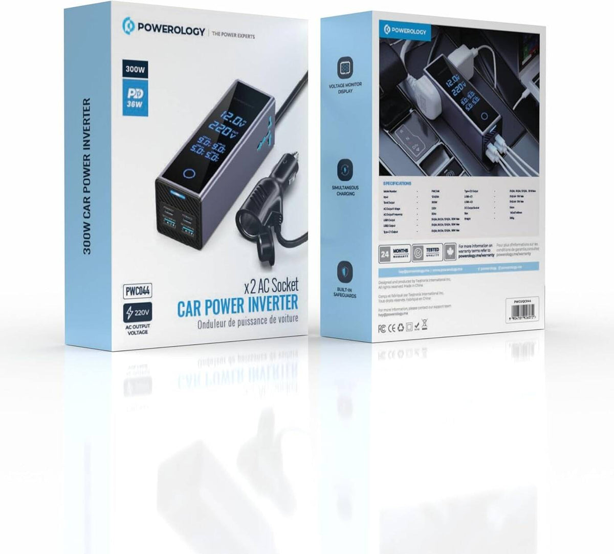 محول طاقة للسيارة من باورولوجي بقدرة 300 واط، منفذان للتيار المتردد، منفذان USB-C بتقنية الشحن السريع بقدرة 36 واط، منفذان USB-A بتقنية الشحن السريع بقدرة 30 واط، شاشة عرض لمراقبة الجهد، مخرج تيار متر