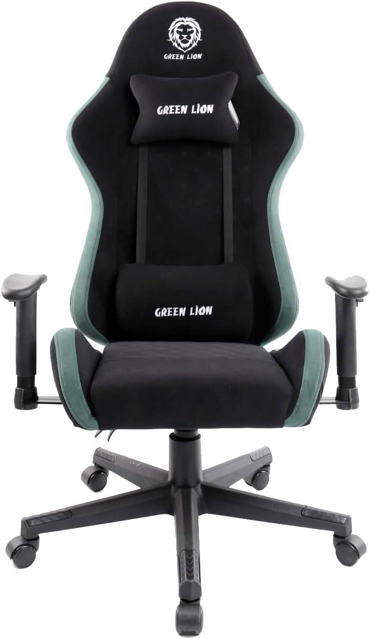 كرسي ألعاب Green Lion ERGO X GCX44، ارتفاع قابل للتعديل من 121 إلى 131 سم، زاوية إمالة 155 درجة، مساند ذراع قابلة للتعديل ثنائية الأبعاد، دعم قطني مدمج، وسادة رقبة قابلة للإزالة، عجلات دوارة 360 درجة