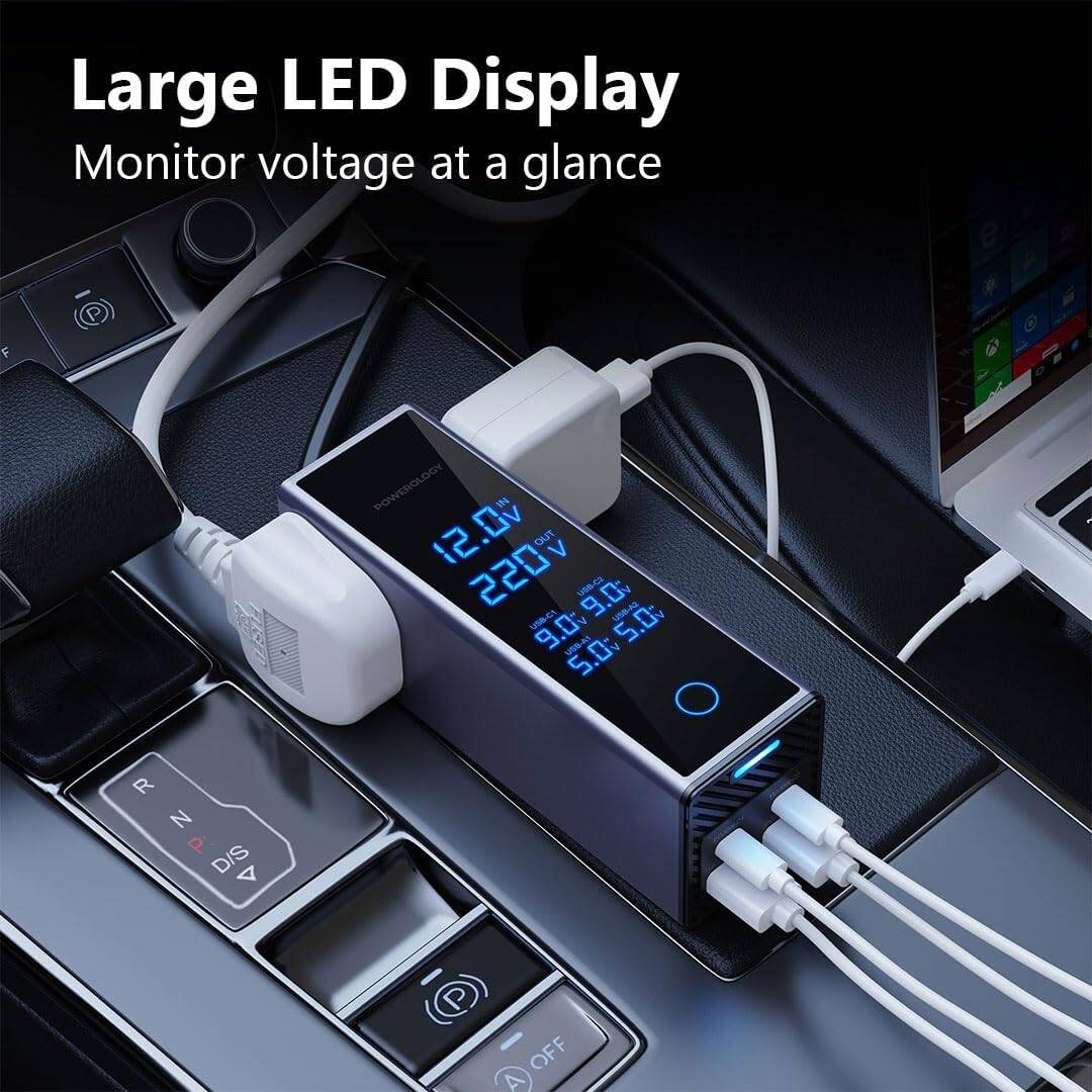 محول طاقة للسيارة من باورولوجي بقدرة 300 واط، منفذان للتيار المتردد، منفذان USB-C بتقنية الشحن السريع بقدرة 36 واط، منفذان USB-A بتقنية الشحن السريع بقدرة 30 واط، شاشة عرض لمراقبة الجهد، مخرج تيار متر