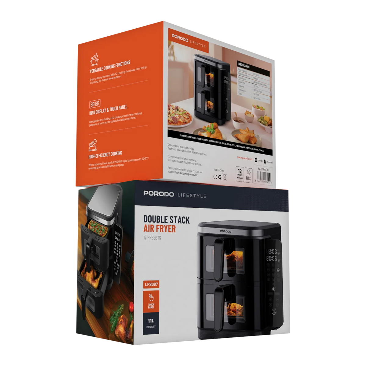 قلاية هوائية كبيرة بسلتين 11 لتر بورودو Porodo Lifestyle 2-Stack Air Fryer With Transparent Windows