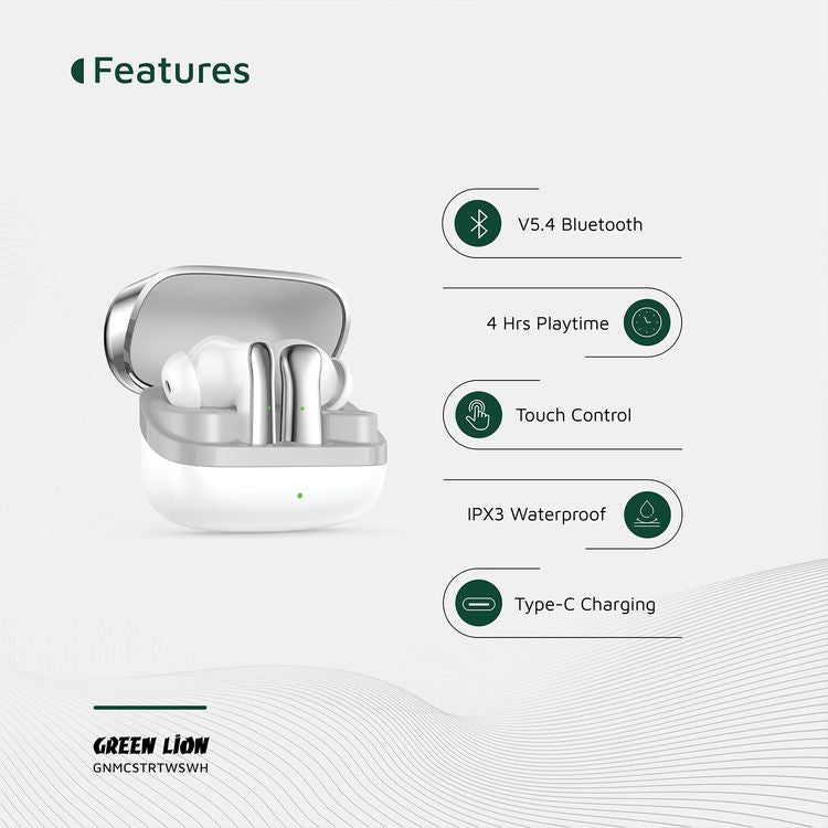سماعات أذن لاسلكية حقيقية من جرين ليون مانشستر مصنوعة من مادة ABS، بطارية سماعات أذن 25 مللي أمبير/ساعة، بطارية حافظة 200 مللي أمبير/ساعة، إصدار بلوتوث 5.4، نطاق بلوتوث 12 مترًا، وقت استعداد 2000 ساعة، منفذ شحن من النوع C، وقت شحن 70 دقيقة، مقاومة للماء I