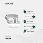 سماعات أذن لاسلكية حقيقية من جرين ليون مانشستر مصنوعة من مادة ABS، بطارية سماعات أذن 25 مللي أمبير/ساعة، بطارية حافظة 200 مللي أمبير/ساعة، إصدار بلوتوث 5.4، نطاق بلوتوث 12 مترًا، وقت استعداد 2000 ساعة، منفذ شحن من النوع C، وقت شحن 70 دقيقة، مقاومة للماء I