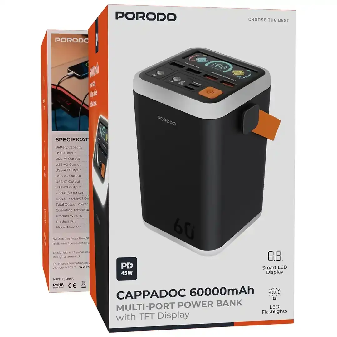 بورودو كابادوك باور بانك متعدد المنافذ 60000mAh مع شاشة TFT - أسود