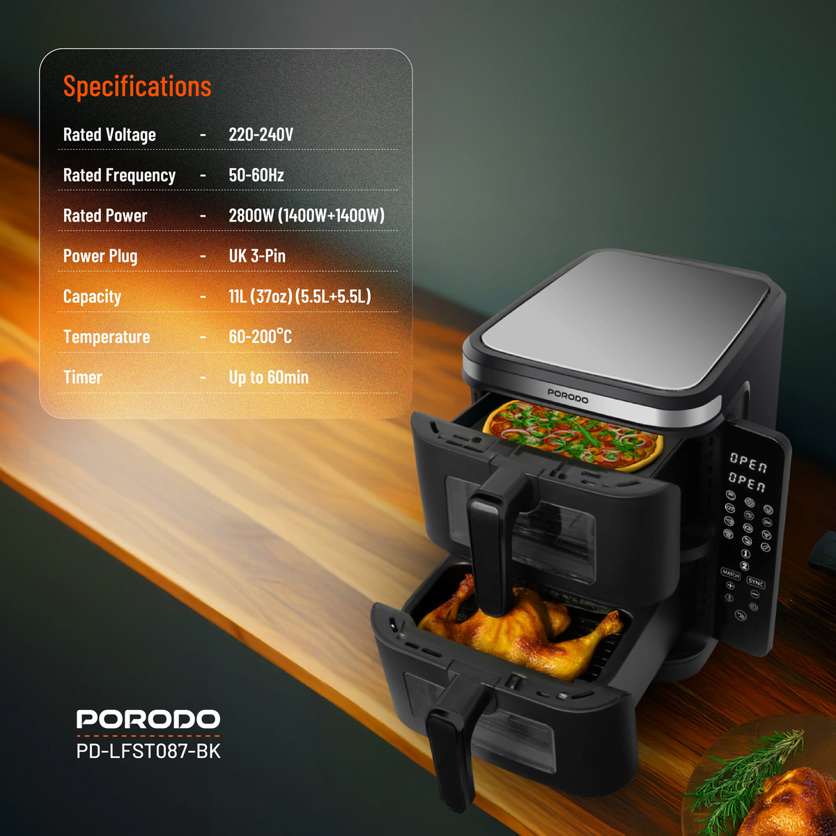 قلاية هوائية كبيرة بسلتين 11 لتر بورودو Porodo Lifestyle 2-Stack Air Fryer With Transparent Windows