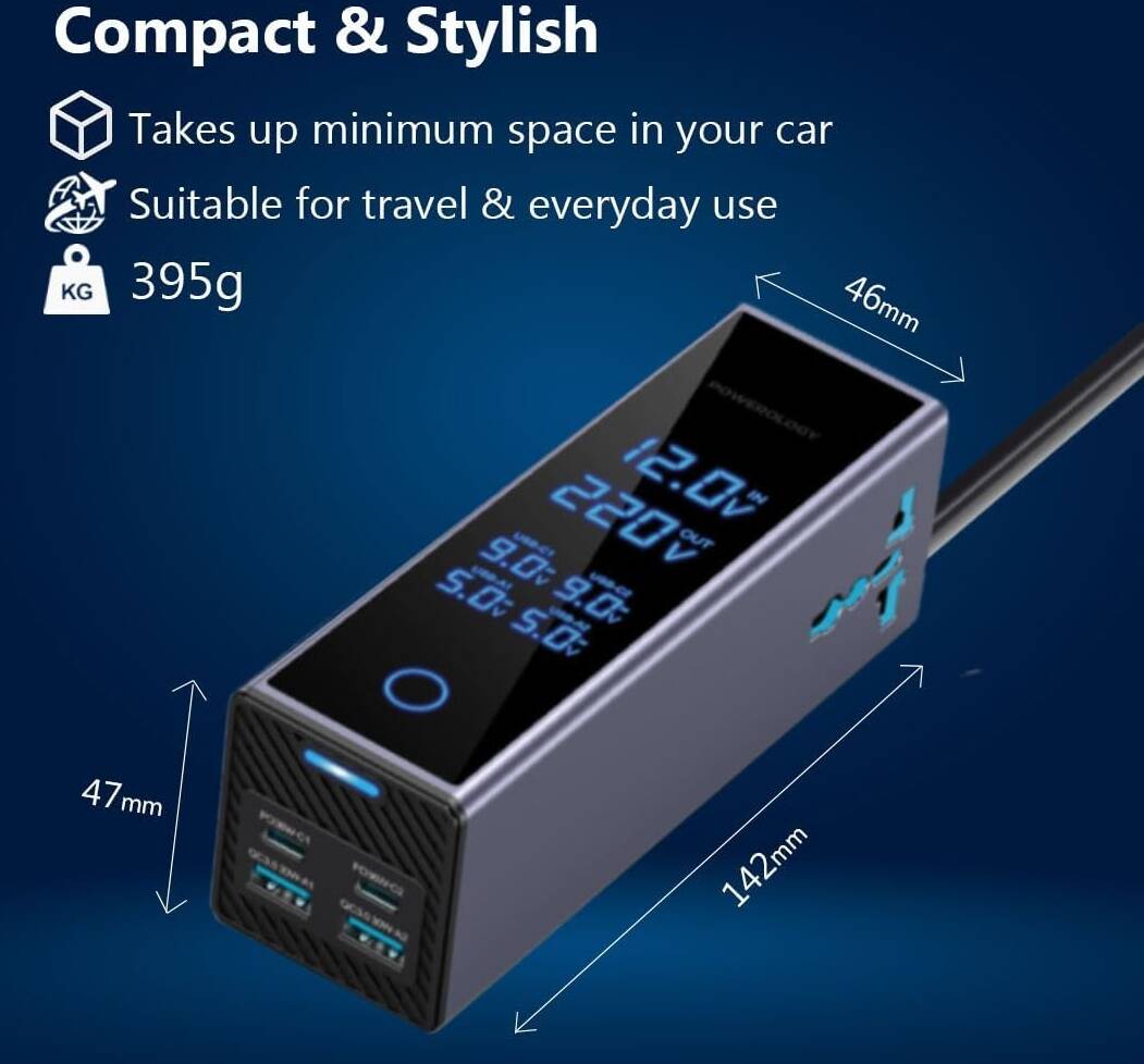 محول طاقة للسيارة من باورولوجي بقدرة 300 واط، منفذان للتيار المتردد، منفذان USB-C بتقنية الشحن السريع بقدرة 36 واط، منفذان USB-A بتقنية الشحن السريع بقدرة 30 واط، شاشة عرض لمراقبة الجهد، مخرج تيار متر