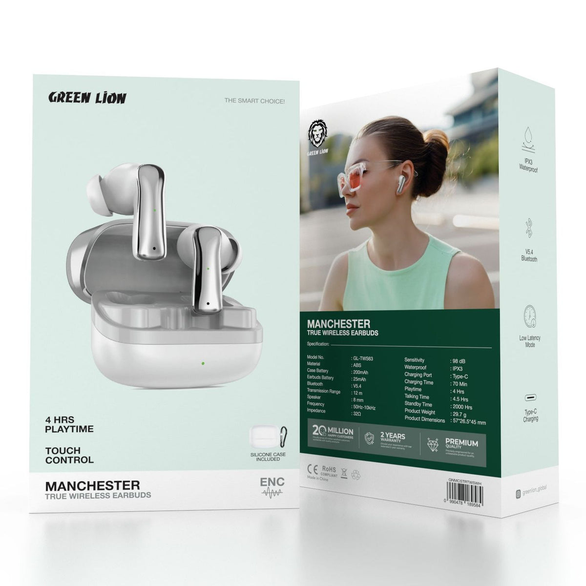سماعات أذن لاسلكية حقيقية من جرين ليون مانشستر مصنوعة من مادة ABS، بطارية سماعات أذن 25 مللي أمبير/ساعة، بطارية حافظة 200 مللي أمبير/ساعة، إصدار بلوتوث 5.4، نطاق بلوتوث 12 مترًا، وقت استعداد 2000 ساعة، منفذ شحن من النوع C، وقت شحن 70 دقيقة، مقاومة للماء I