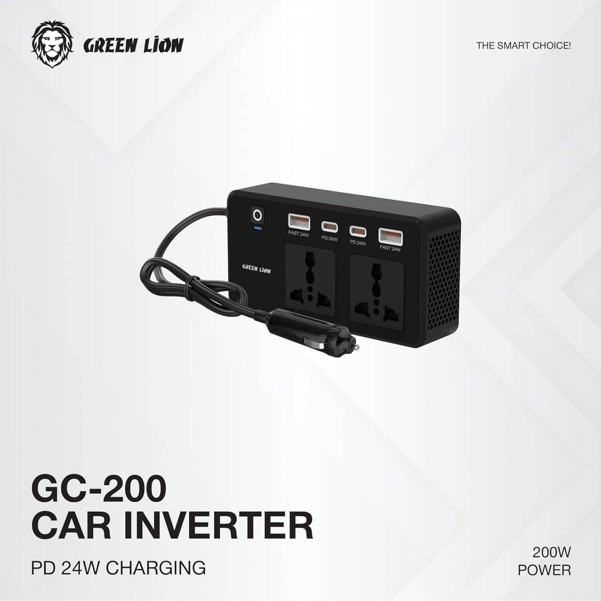 محول طاقة للسيارة Green Lion GC-200، مقبسان عالميان، منفذا USB-A، منفذا USB-C، شحن QC 3.0، طاقة 200 واط، شحن PD 24 واط، مادة متينة مقاومة للهب، صغير الحجم ومناسب - أسود