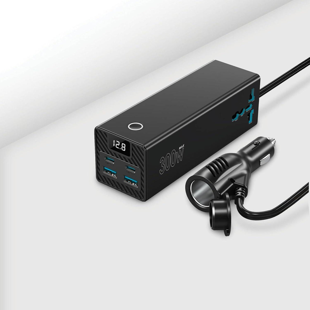 محول طاقة للسيارة من باورولوجي، 300 واط، 36 واط PD، 2 منفذ USB-C/ 2 منفذ USB-A/ 2 منفذ تيار متردد، طول الكابل 53 سم، شاشة عرض معلومات الطاقة، حماية مدمجة، شحن متزامن، شاحن للكمبيوتر المحمول - أسود