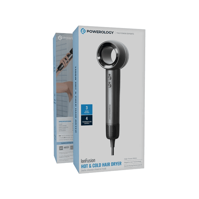 مجفف شعر بقوة 1400 واط بتقنية الهواء الساخن والبارد، لون رمادي Powerology Hot & Cold Hair Dryer