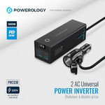 محول طاقة للسيارة من باورولوجي، 300 واط، 36 واط PD، 2 منفذ USB-C/ 2 منفذ USB-A/ 2 منفذ تيار متردد، طول الكابل 53 سم، شاشة عرض معلومات الطاقة، حماية مدمجة، شحن متزامن، شاحن للكمبيوتر المحمول - أسود