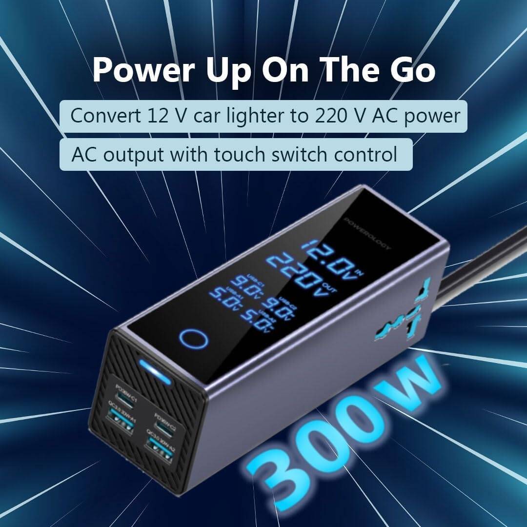 محول طاقة للسيارة من باورولوجي بقدرة 300 واط، منفذان للتيار المتردد، منفذان USB-C بتقنية الشحن السريع بقدرة 36 واط، منفذان USB-A بتقنية الشحن السريع بقدرة 30 واط، شاشة عرض لمراقبة الجهد، مخرج تيار متر