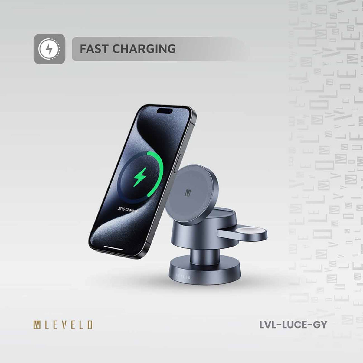ستاند و شاحن من Levelo / يشحن الجوال + الساعة + الايربودز / يدعم MagSafe / مع اضاءة ليلية مدمجة