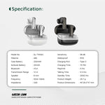 سماعات أذن لاسلكية حقيقية من جرين ليون مانشستر مصنوعة من مادة ABS، بطارية سماعات أذن 25 مللي أمبير/ساعة، بطارية حافظة 200 مللي أمبير/ساعة، إصدار بلوتوث 5.4، نطاق بلوتوث 12 مترًا، وقت استعداد 2000 ساعة، منفذ شحن من النوع C، وقت شحن 70 دقيقة، مقاومة للماء I