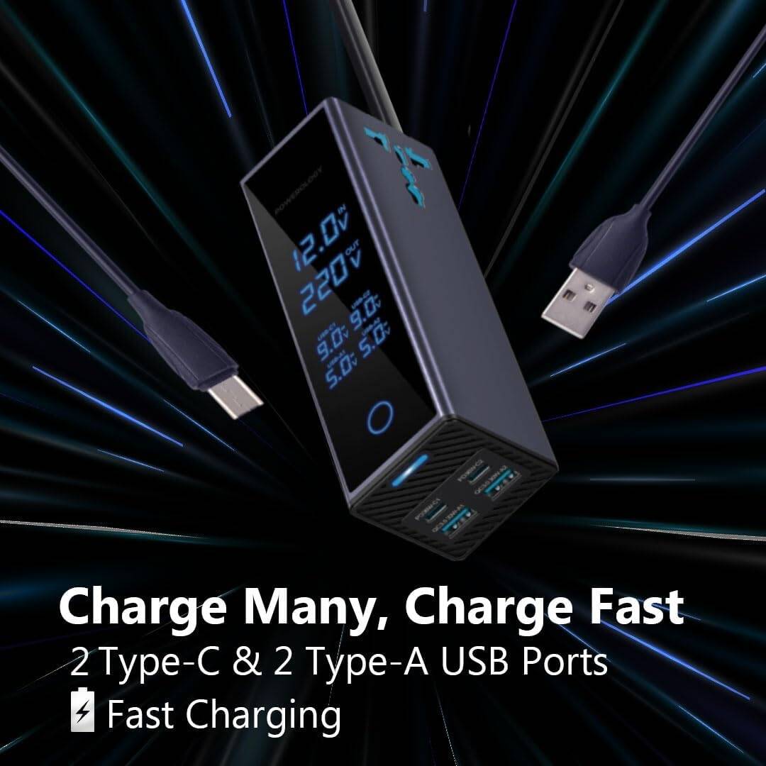 محول طاقة للسيارة من باورولوجي بقدرة 300 واط، منفذان للتيار المتردد، منفذان USB-C بتقنية الشحن السريع بقدرة 36 واط، منفذان USB-A بتقنية الشحن السريع بقدرة 30 واط، شاشة عرض لمراقبة الجهد، مخرج تيار متر