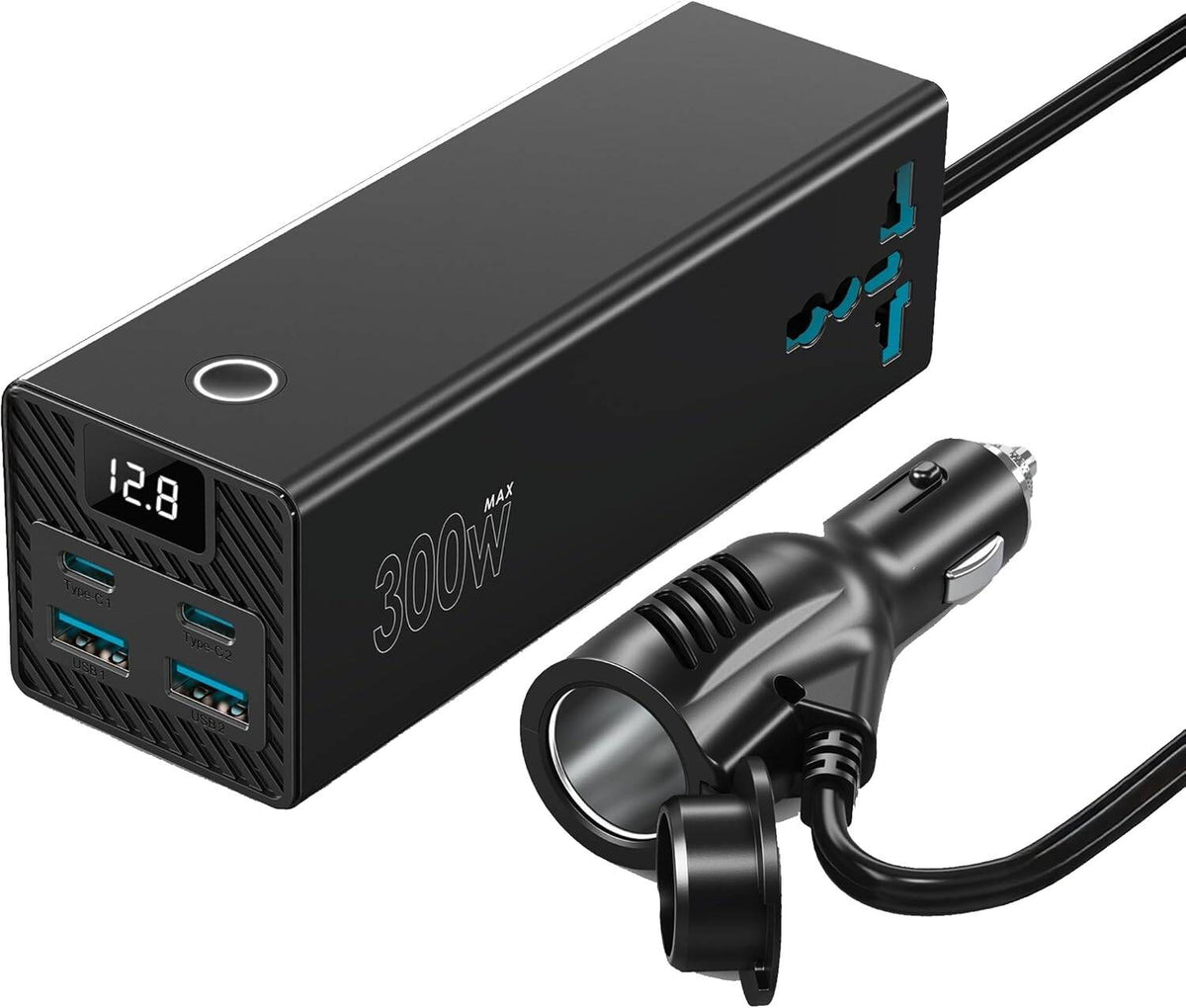 محول طاقة للسيارة من باورولوجي، 300 واط، 36 واط PD، 2 منفذ USB-C/ 2 منفذ USB-A/ 2 منفذ تيار متردد، طول الكابل 53 سم، شاشة عرض معلومات الطاقة، حماية مدمجة، شحن متزامن، شاحن للكمبيوتر المحمول - أسود
