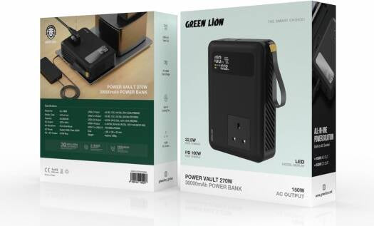 بنك طاقة Green Lion Power Vault 270 وات 30000 مللي أمبير في الساعة PD100W، مخرج تيار متردد 150 وات، بنك طاقة سريع الشحن، مروحة تبريد مدمجة، شاشة رقمية LED، شاحن كمبيوتر محمول، للاستخدام الخارجي، التخي