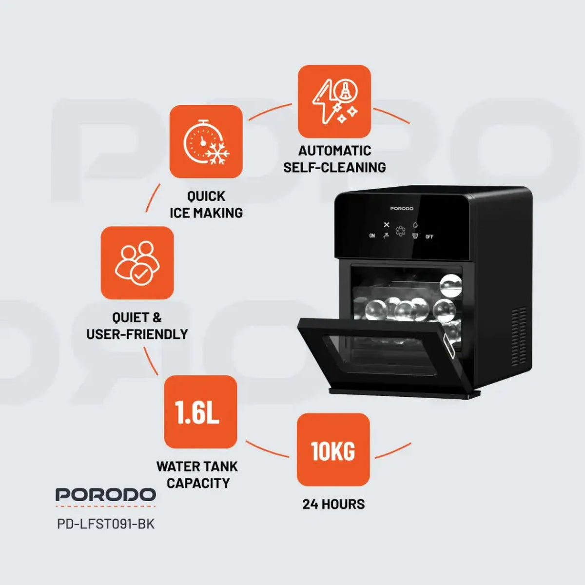 صانعة الثلج الكهربائية Porodo / تنتج 10 كجم من الثلج يوميًا / قوة 260 واط / شاشة تعمل باللمس LCD
