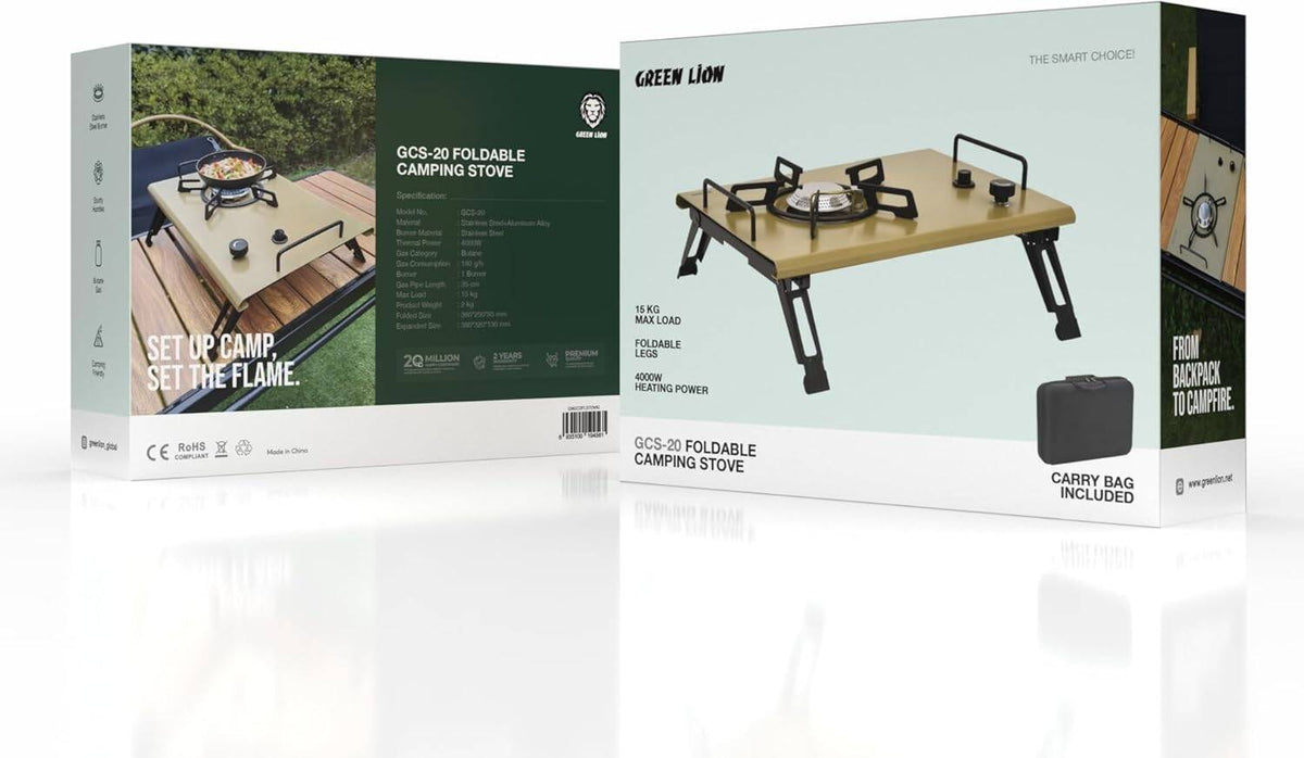 موقد تخييم قابل للطي GCS-20 من Green Lion، تصميم خفيف الوزن وصغير الحجم، سعة تحميل تصل إلى 15 كجم، يعمل بغاز البوتان، قوة تسخين 4000 واط، مقابض متينة - لون كاكي